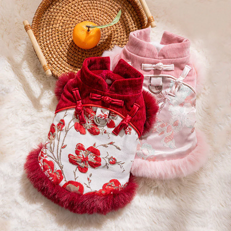 ชุดตรุษจีนสำหรับสุนัขและแมวตัวเล็ก เสื้อกันหนาวผ้าฝ้ายหนา