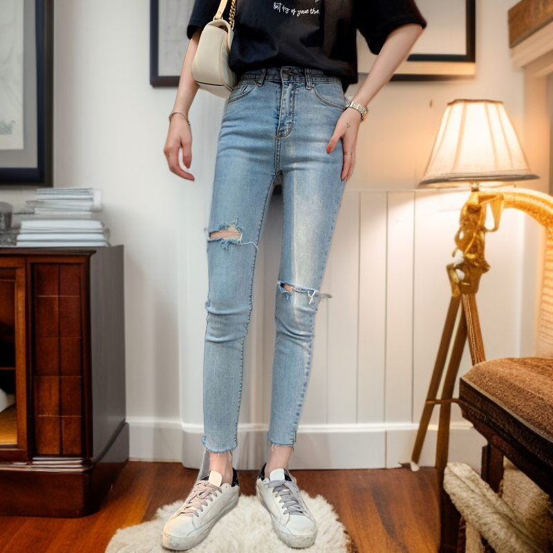 ファッションホールジーンズスリムストレッチタイトペンシルパンツレディースライトカラーレギンス