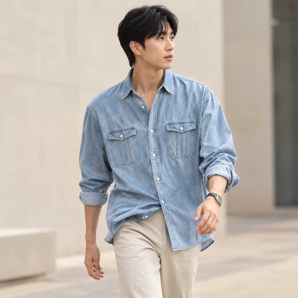 봄가을 시즌 루즈핏 남성 워싱 빈티지 데님 셔츠