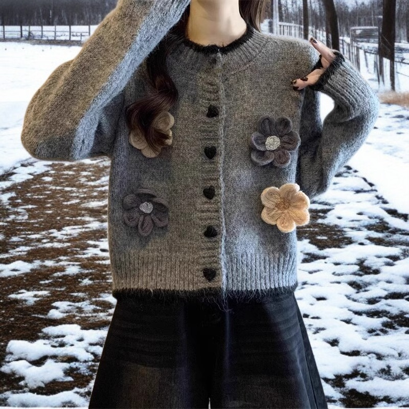 レディース ハートボタン フラワー 長袖 カーディガン セーター