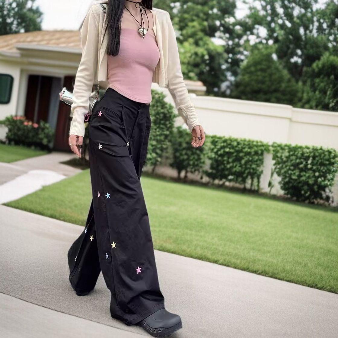캐주얼 팬츠 여자 별 와이드 팬츠 롱 팬츠 여 슬림 와이드 팬츠 자수 캐주얼 와이드 팬츠