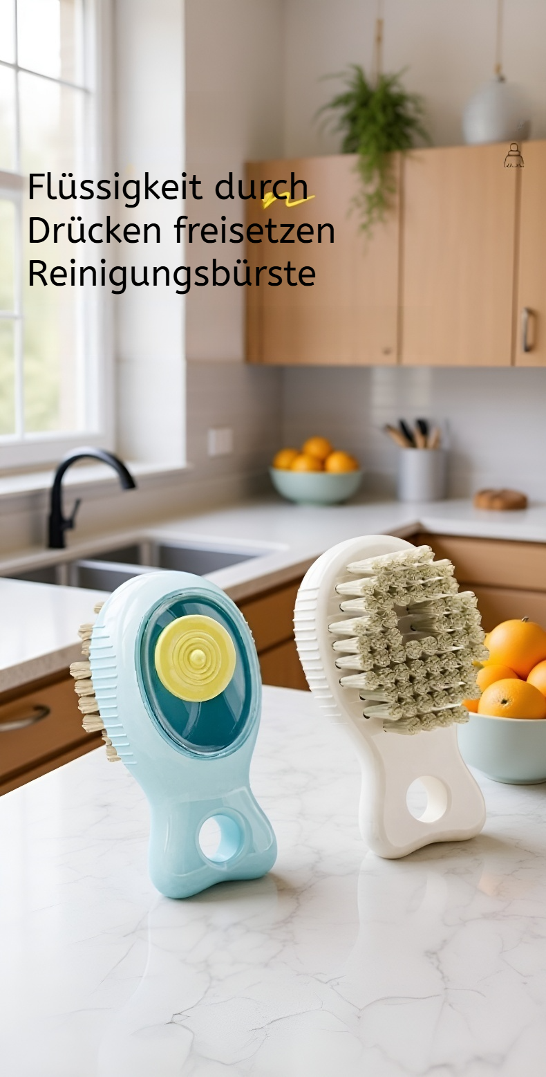Fischförmige Spülbürste mit Seifenspender auf weißem Hintergrund