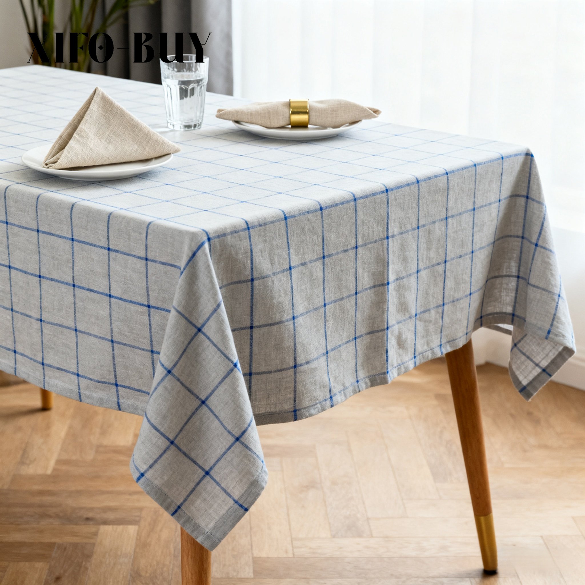 ผ้าปูโต๊ะลายตารางสีน้ำเงินเทา