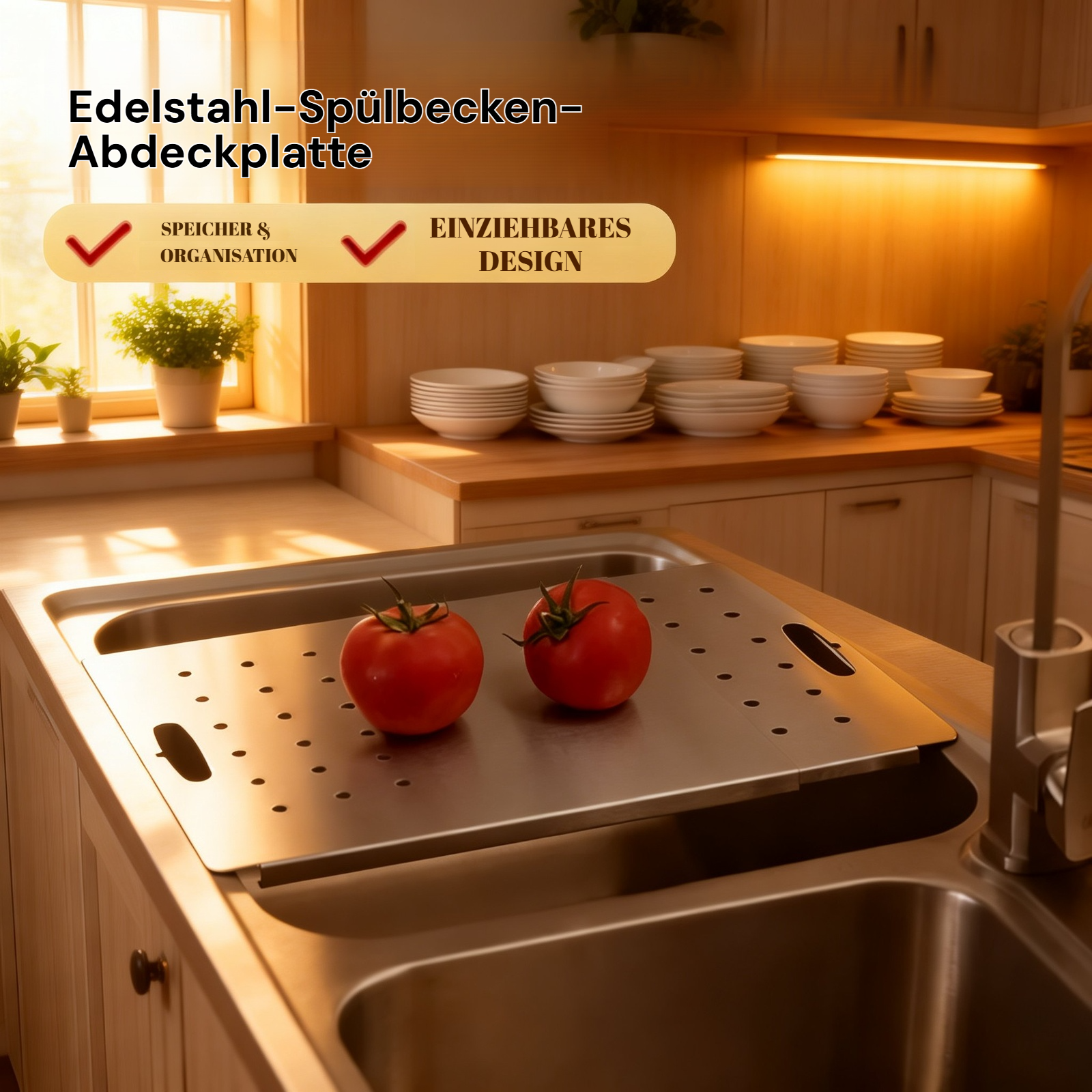 Edelstahl Spülbecken Abtropfgestell Schneidebrett und Geschirrablage
