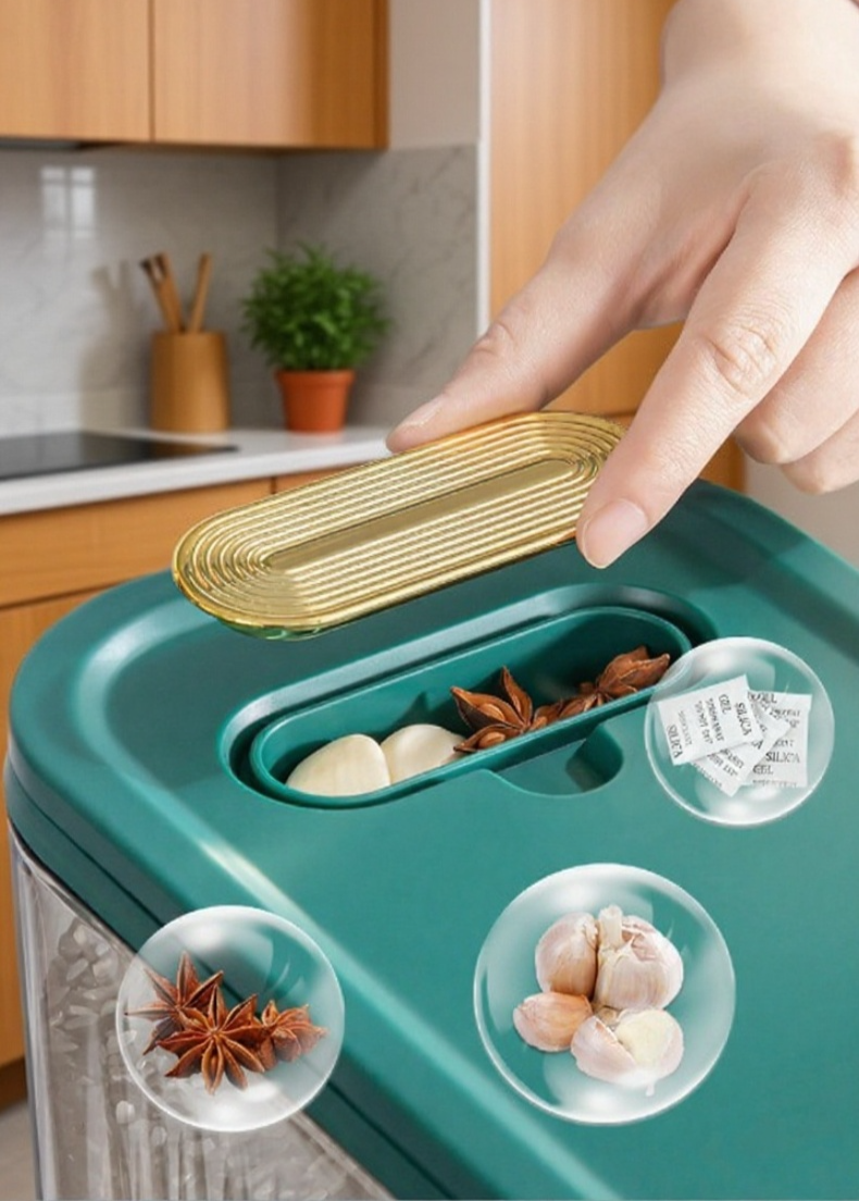 Close-up of rice dispenser button mechanism