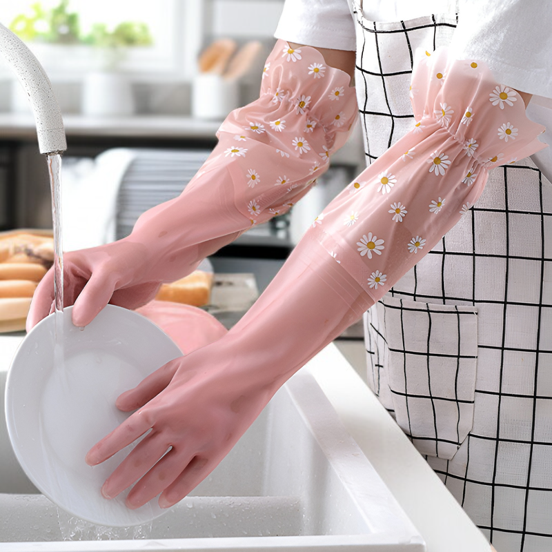 ゴム手袋 キッチン 食器洗い 手袋 ロング ラバーグローブ 皿洗い 厚手 女性用 長い 皿洗い用ゴム手袋 食器洗い手袋 炊事用ゴム手袋 キッチン用ゴム手袋 裏地付き 手荒れ防止 丈夫 フリーサイズ