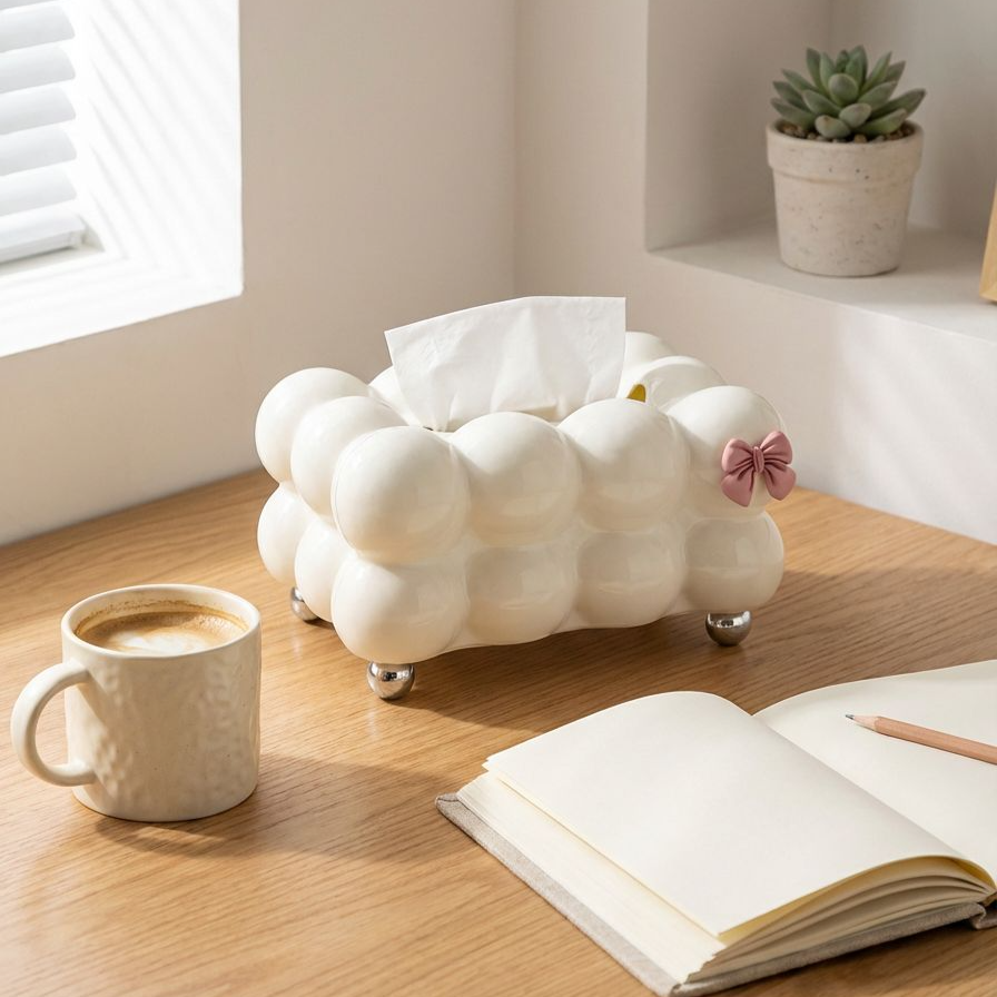 Stylish cream tissue box next to sofa