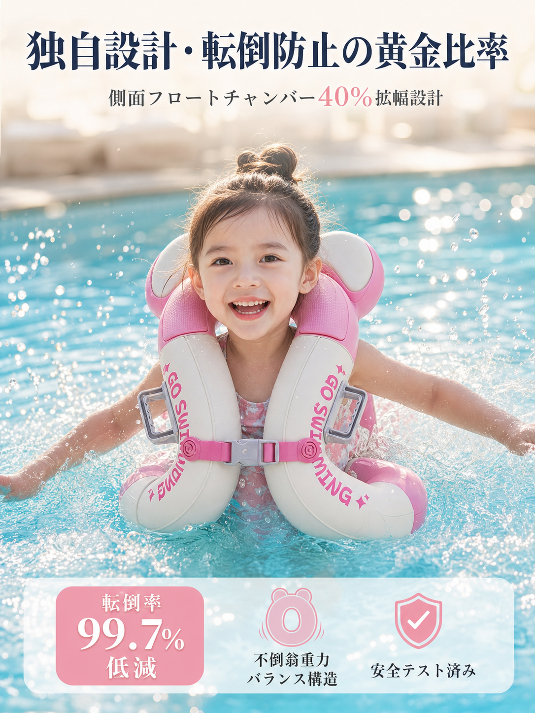 【小児科医＆インストラクター推奨】ひっくり返らないベビー浮き輪｜手押しポンプ内蔵で衛生的！左右ダブルハンドル・転倒防止・脇の下サポート（スイミングデビューに最適・安心の玩具安全基準）