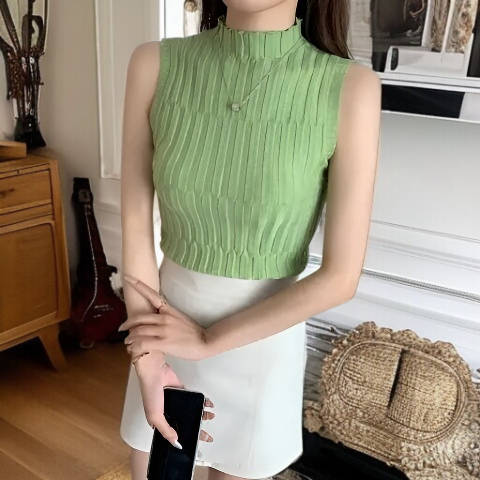 夏新作レトロハイネックスリムフィットニットトップス（女性用、ノースリーブ、万能ベースレイヤーベスト）