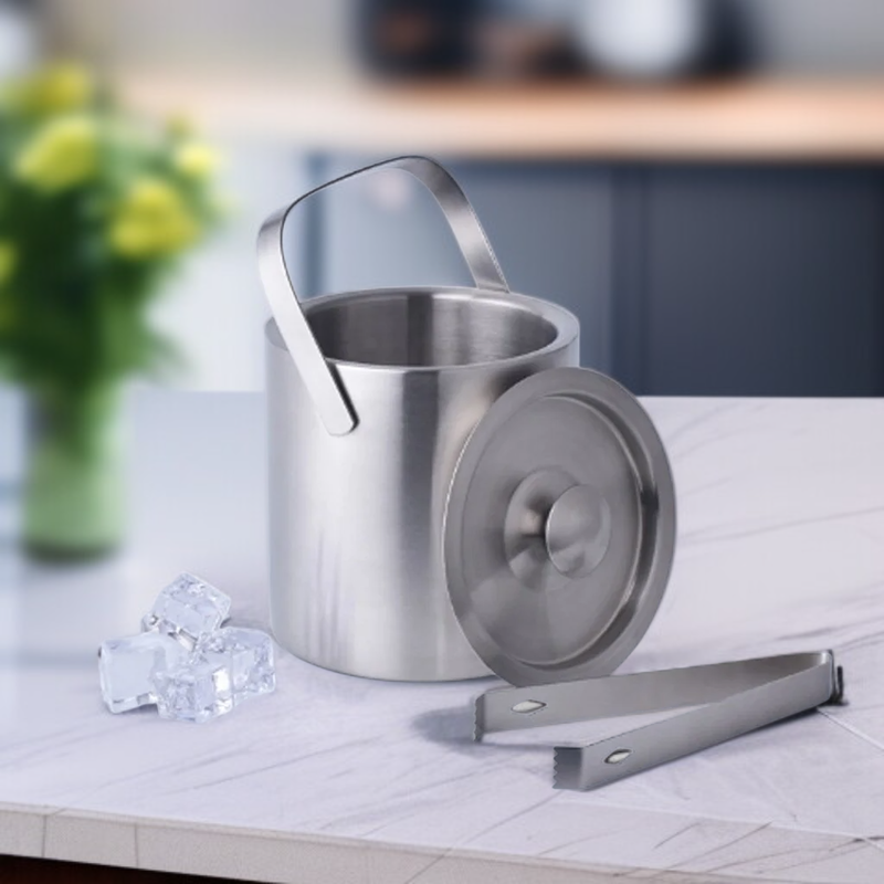 Doppelwandiger Isolierter Edelstahl-Eiseimer mit Deckel und Eiszange