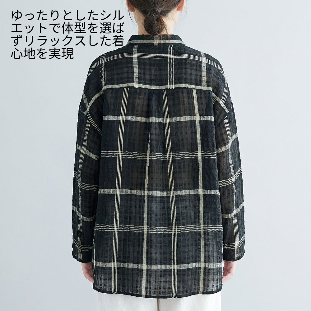 カジュアル文芸チェック柄ゆったりリネンシャツ
