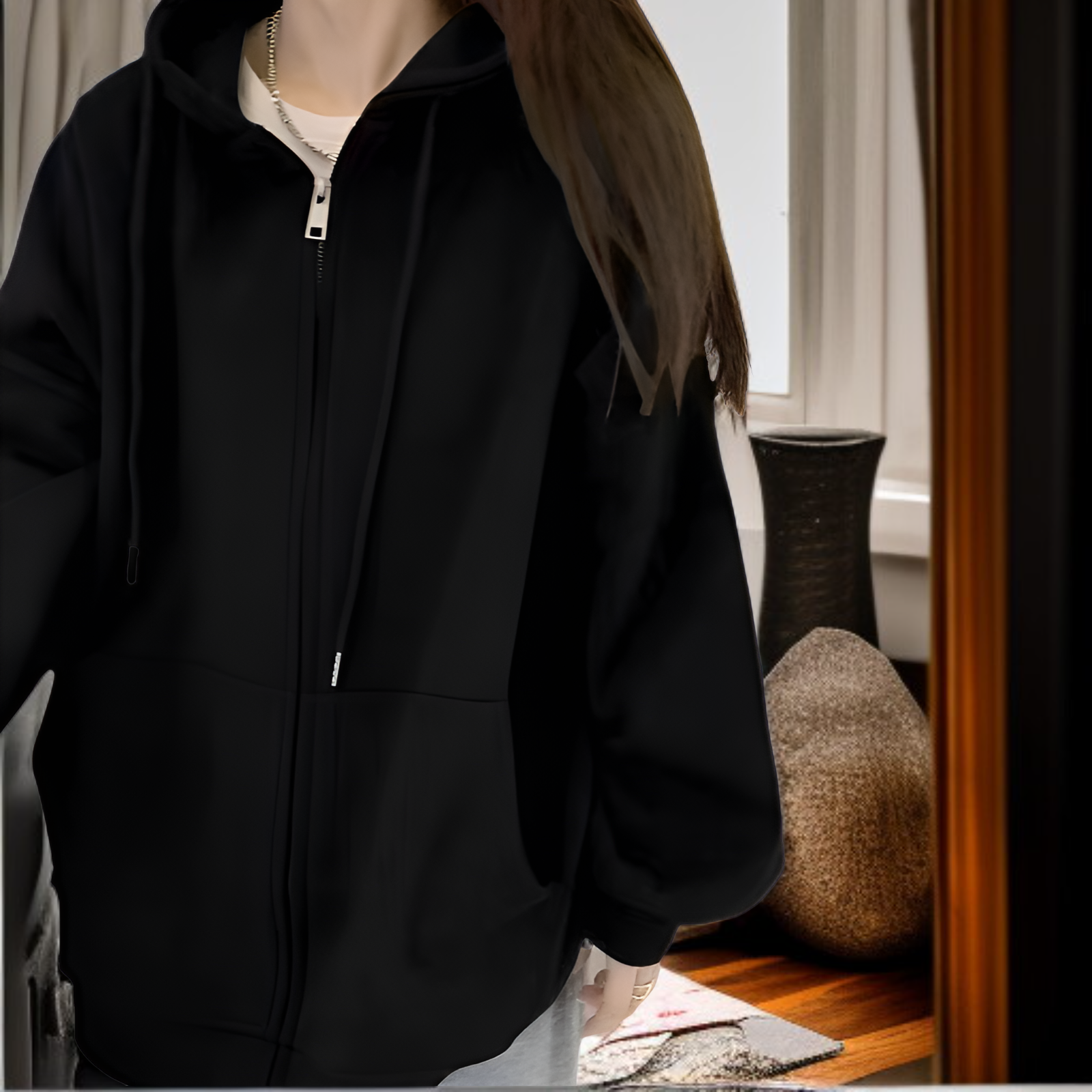 韓国風 ゆったり グレー ジップアップ スウェットパーカー