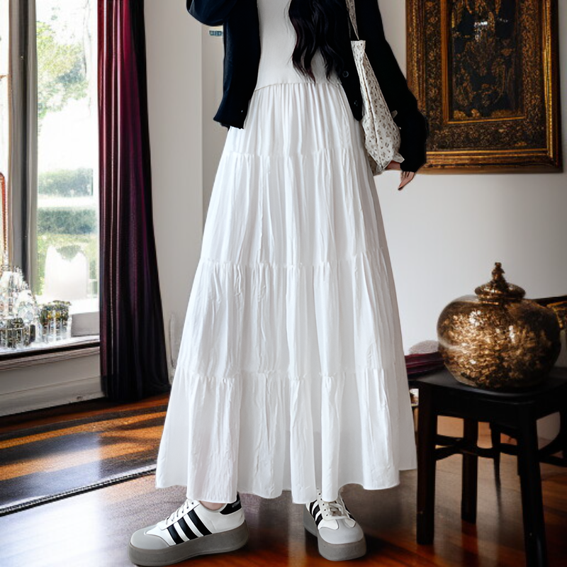 키 작은 여생 춘추 반신 스커트 여 화이트 케이크 롱 스커트 A라인 스커트 드롭 플리츠 반신 스커트