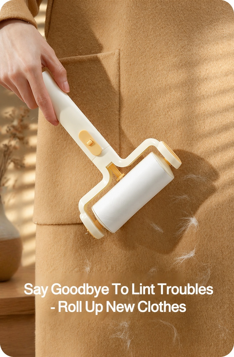 Lint roller with tweezers removing lint from a sofa