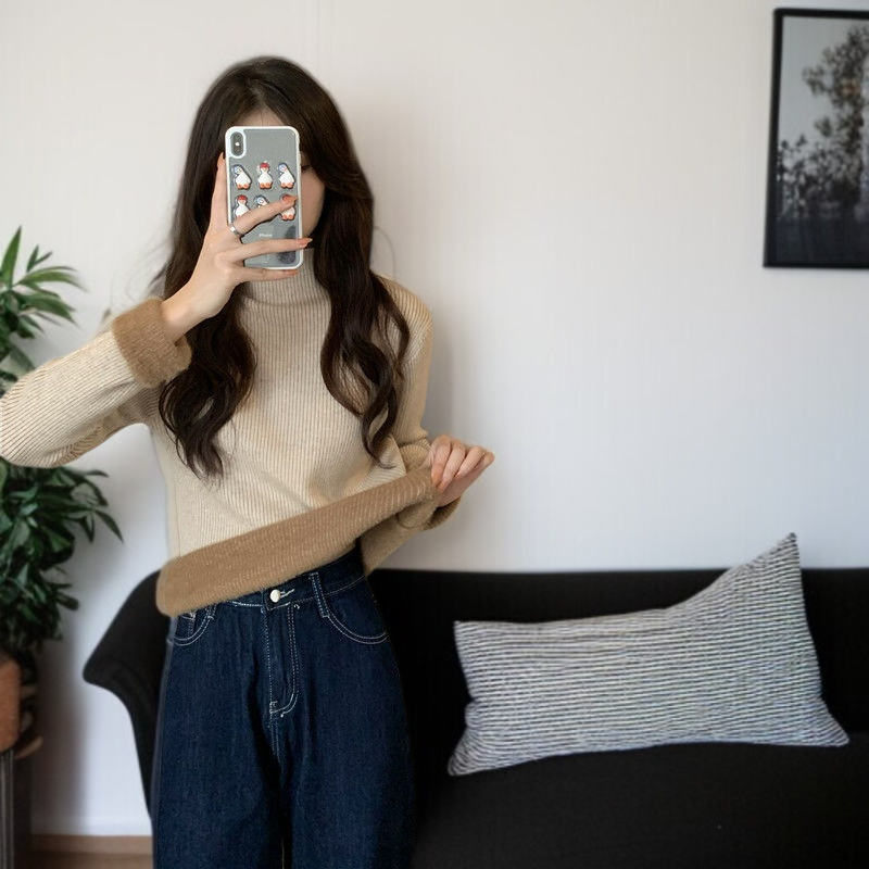 中わた入り厚手ニットレディース長袖ワンピースフリーストップス秋冬ボトムスシャツハーフハイネックニットソー