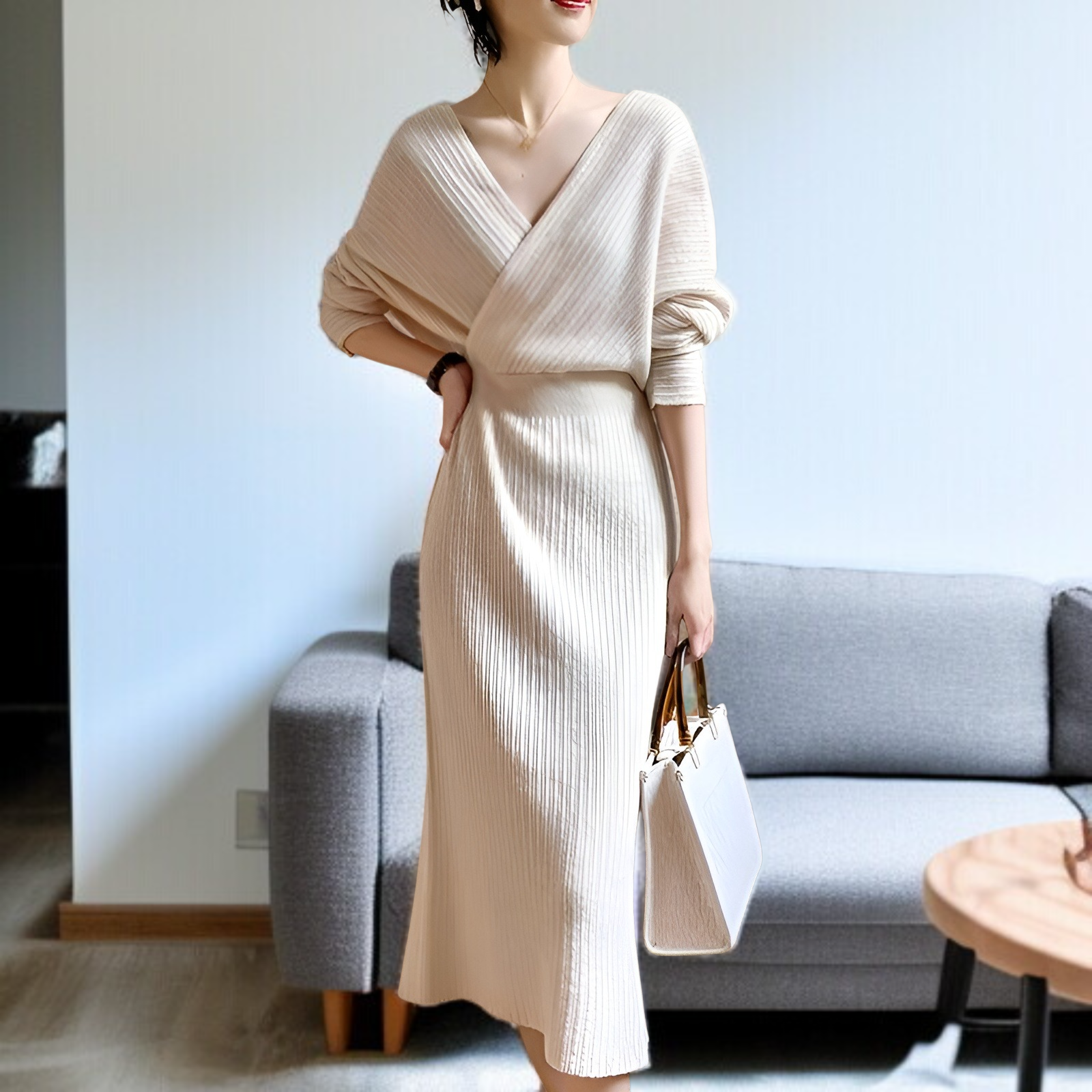 秋冬新作 韓国風Vネックタイトニットワンピース 長袖スリムフィット レディース