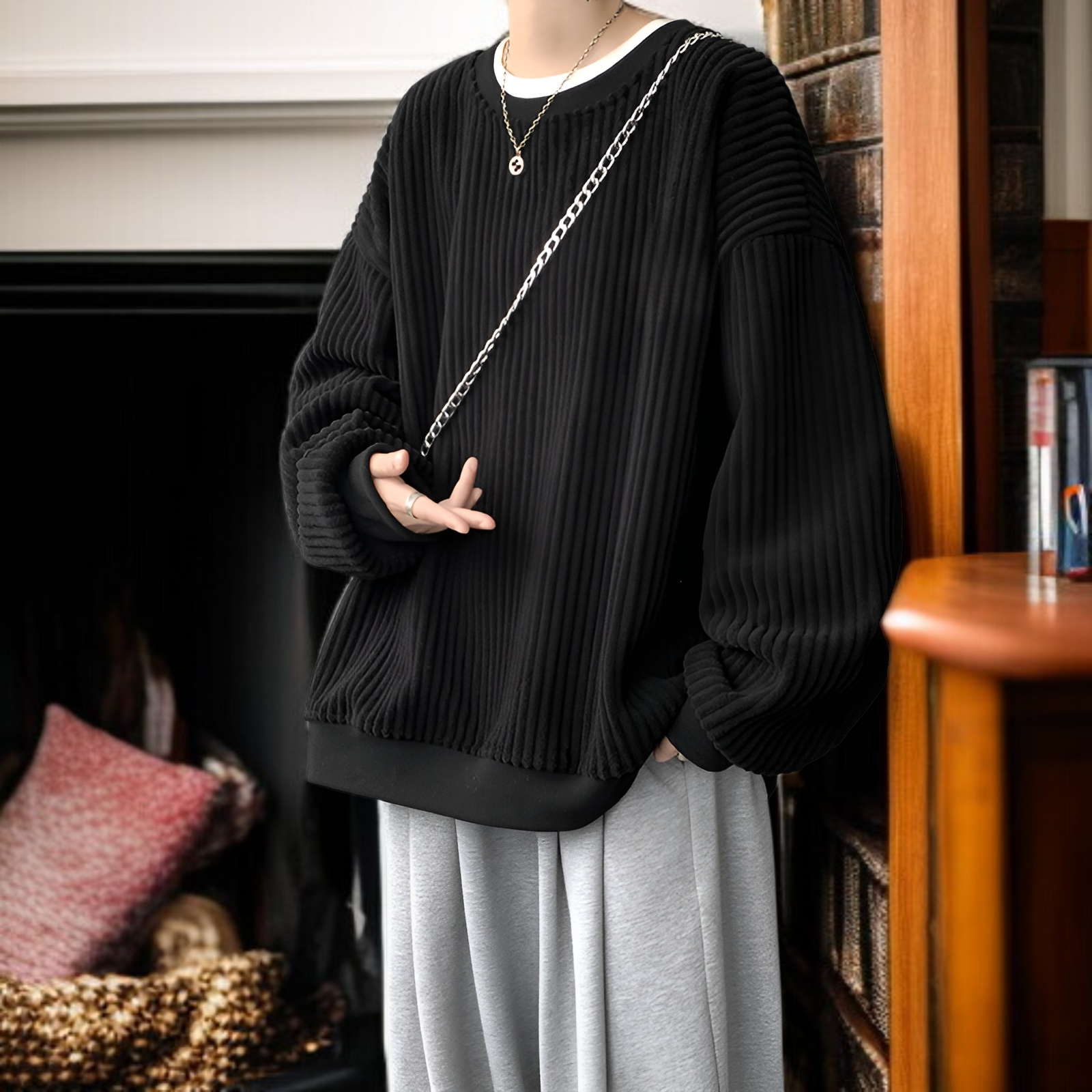 新しい和風メンズコーデュロイスウェットシャツ正面画像