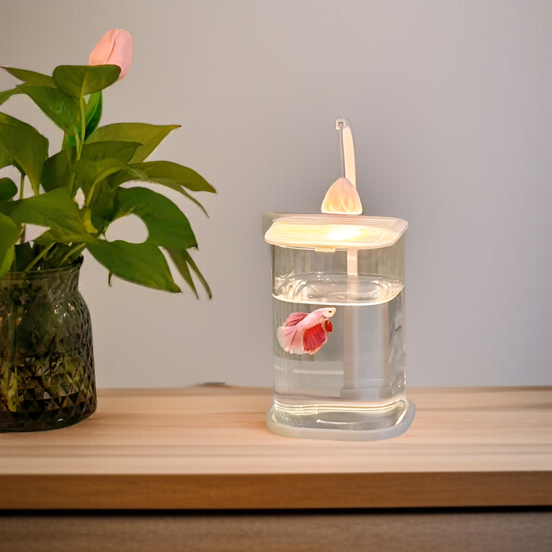 魚の水槽の闘魚、特別な魚の水槽、スーパーホワイトの小さな魚の水槽、怠惰なガラスの水槽、リビングルームの創造的なデスクトップの魚の水槽の装飾品、高級な装飾ランプ