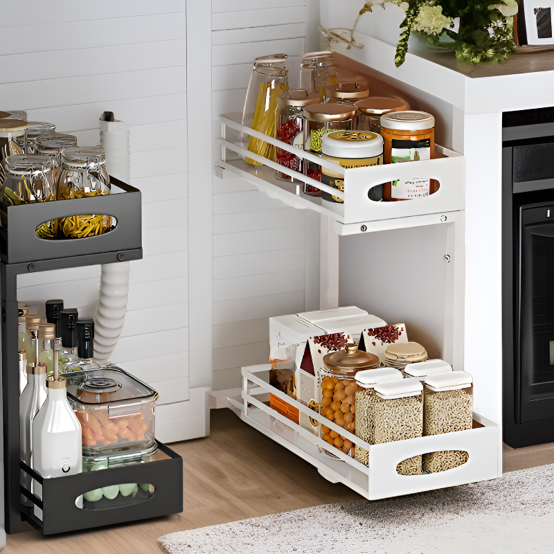 ชั้นวางของสองชั้นใต้อ่างล้างจาน ปรับได้สำหรับตู้ครัว