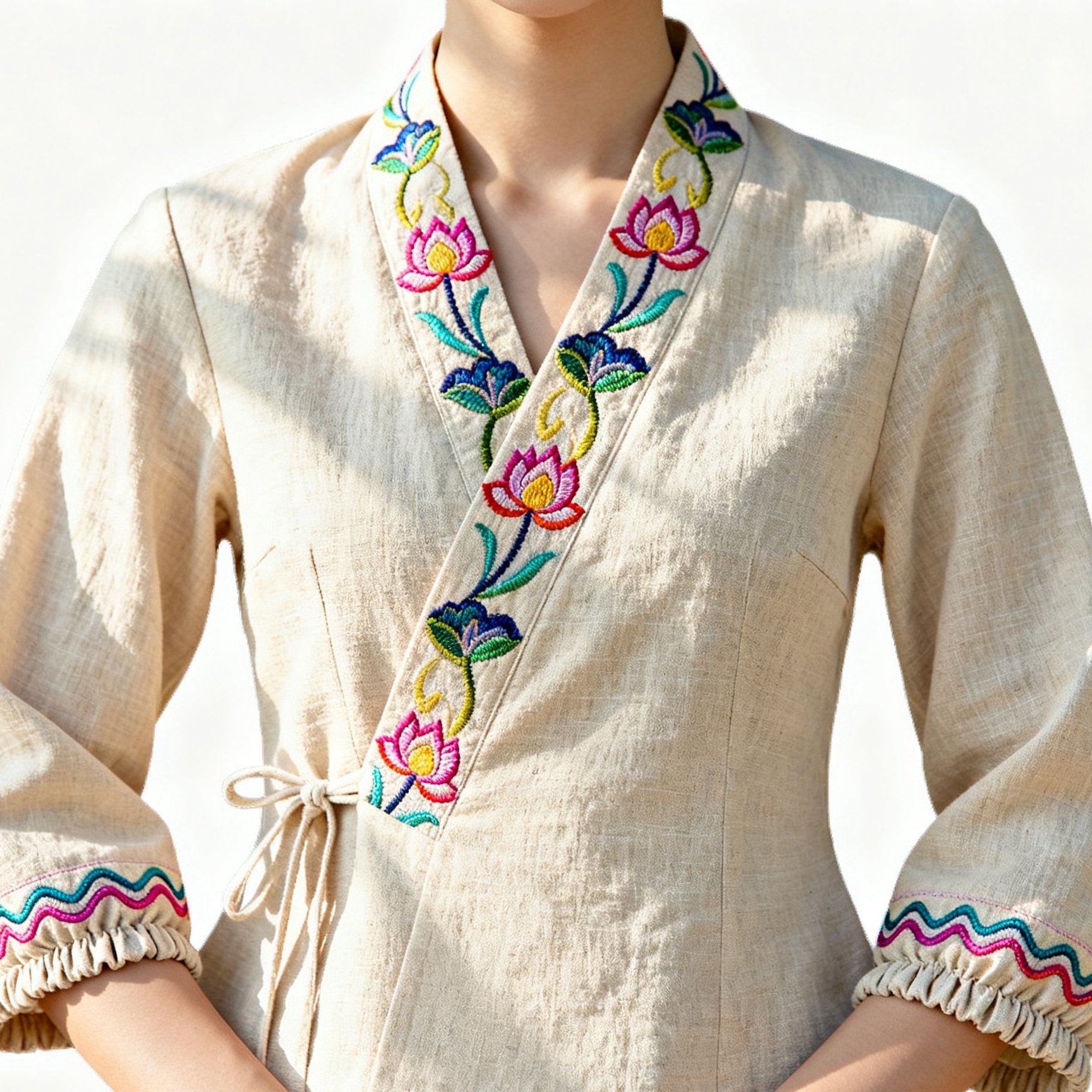 เสื้อผ้าผู้หญิงปักลายดอกบัวแขนสามส่วน