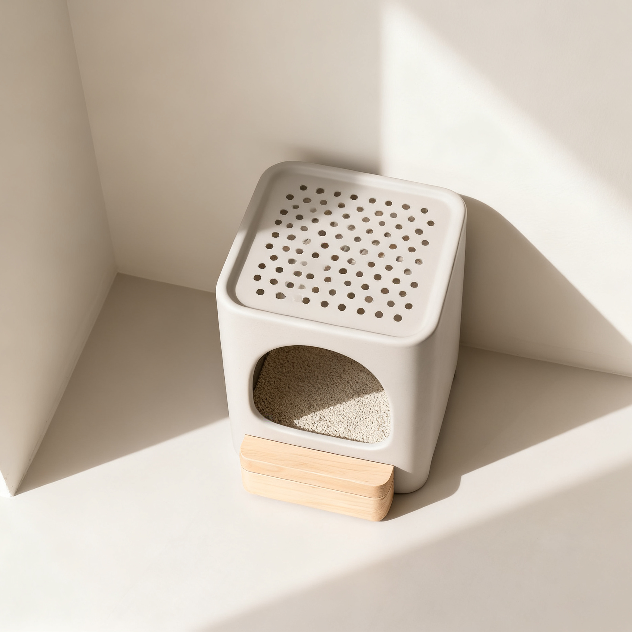 고양이가 미니멀 수지 화장실을 사용하는 장면