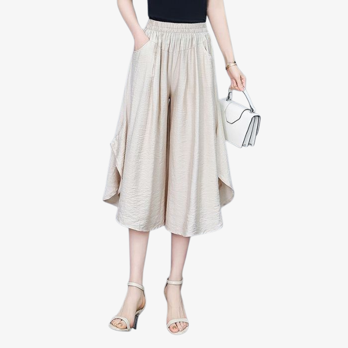 중장년 7부 하이웨스트 와이드 팬츠 와이드 빅 사이즈 치마바지 얇은 바지 날씬해 보이는 텐셀 면바지