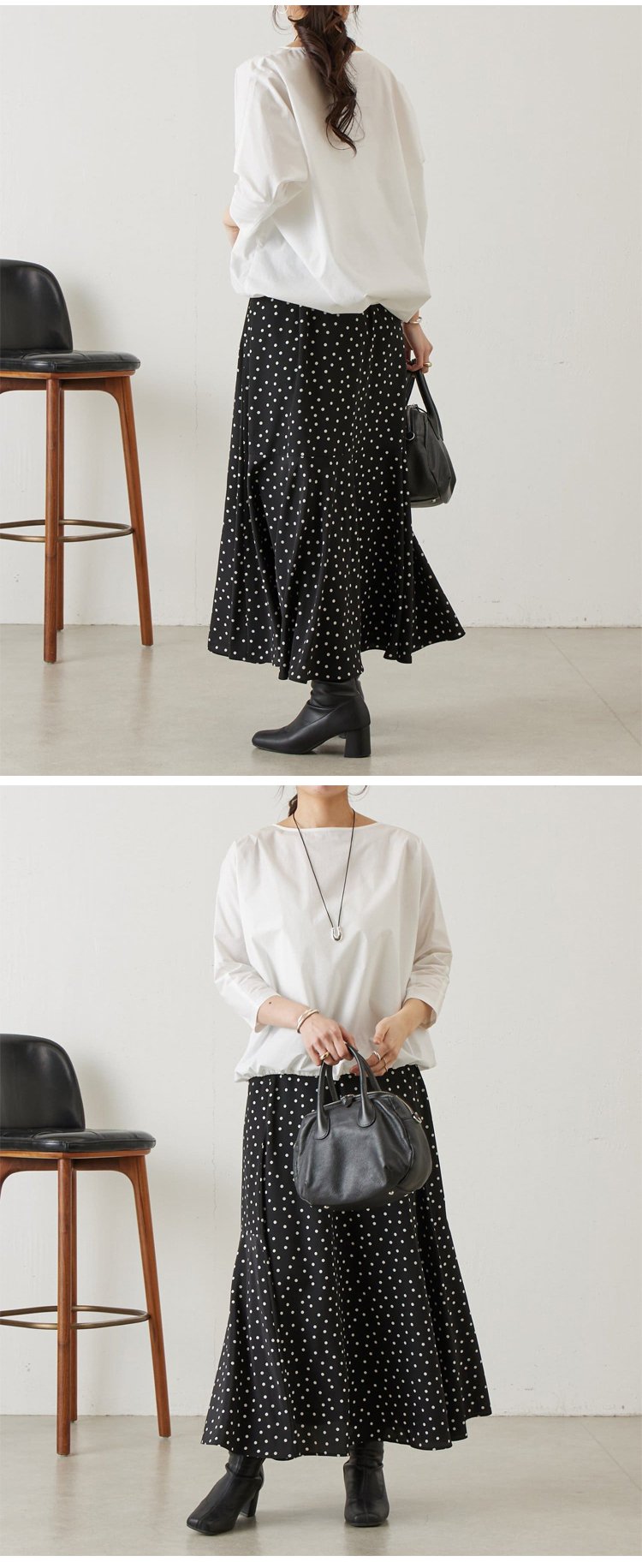 春夏にぴったりのブラックドットハイウエストスカート