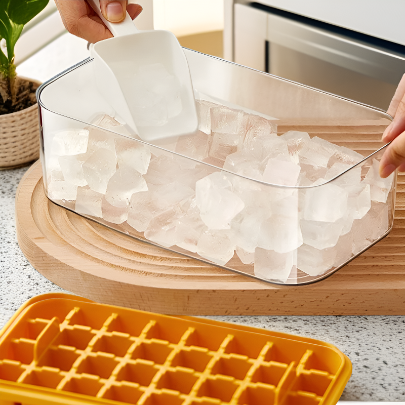 เครื่องทำน้ำแข็งแบบกดปุ่มเดียว 64 ช่อง พร้อมถาดน้ำแข็ง ถังน้ำแข็ง และชุดช้อนตักน้ำแข็ง