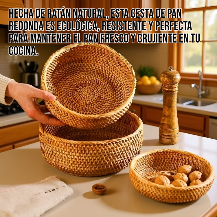 Cesta de pan redonda de ratán para almacenar en la cocina