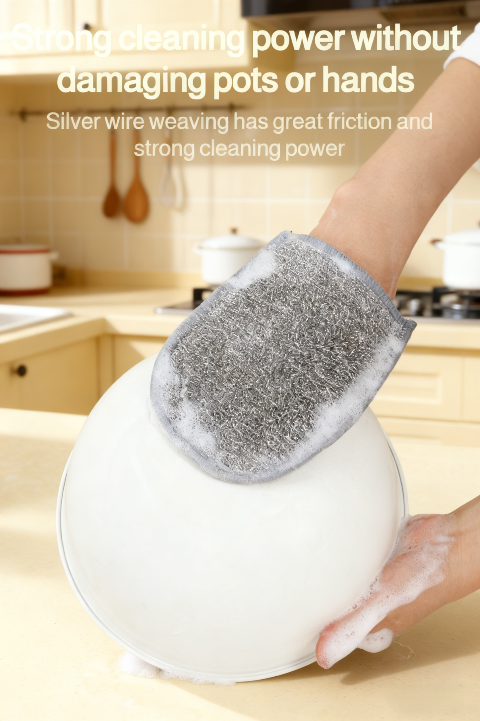 Close-up of silver fiber material in cleaning glove