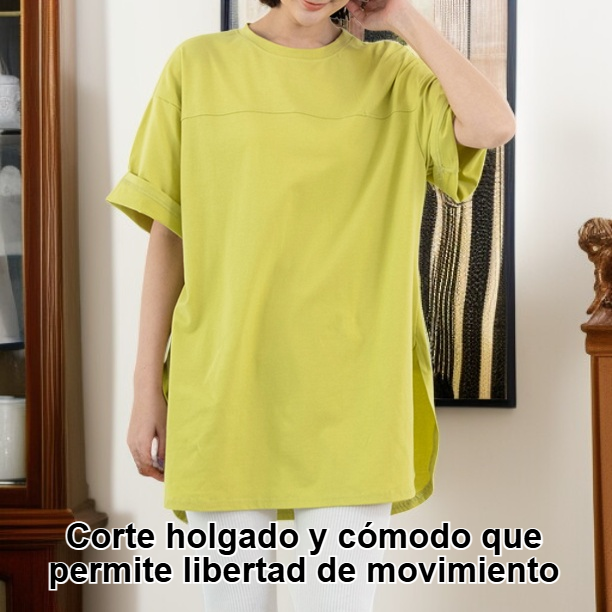 Elegante blusa holgada, de manga corta y cuello redondo en color liso para el trabajo.
