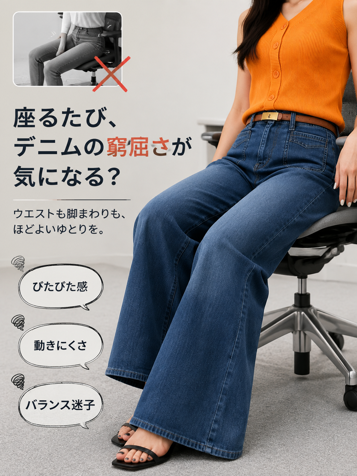 Monolly ヴィンテージ風 ハイウエスト 美脚セミフレアデニム
