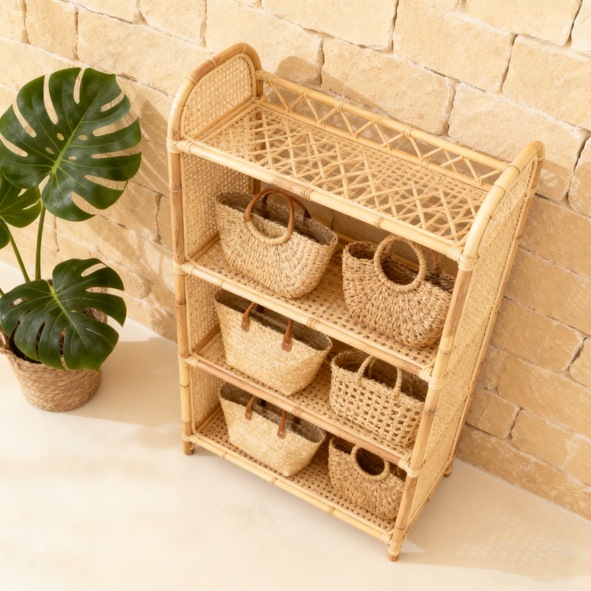  대나무 바구니 가방 정리대 
