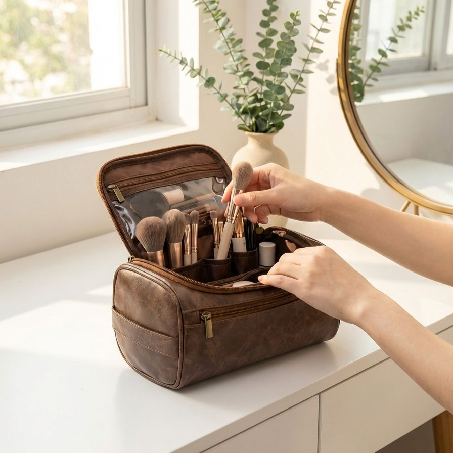 Eleganter Leder Kulturbeutel mit Reißverschluss