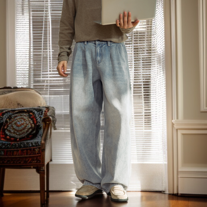 2026春季新款 水洗做旧牛仔裤 大尺寸 舒适 休闲 轻便 男士裤子 复古弯刀裤 直筒宽松长裤