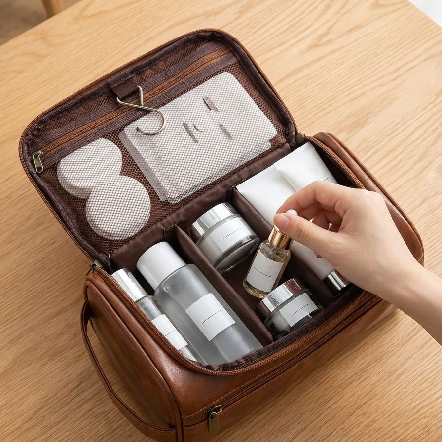 Kosmetiktasche aus Leder mit praktischem Innenraum