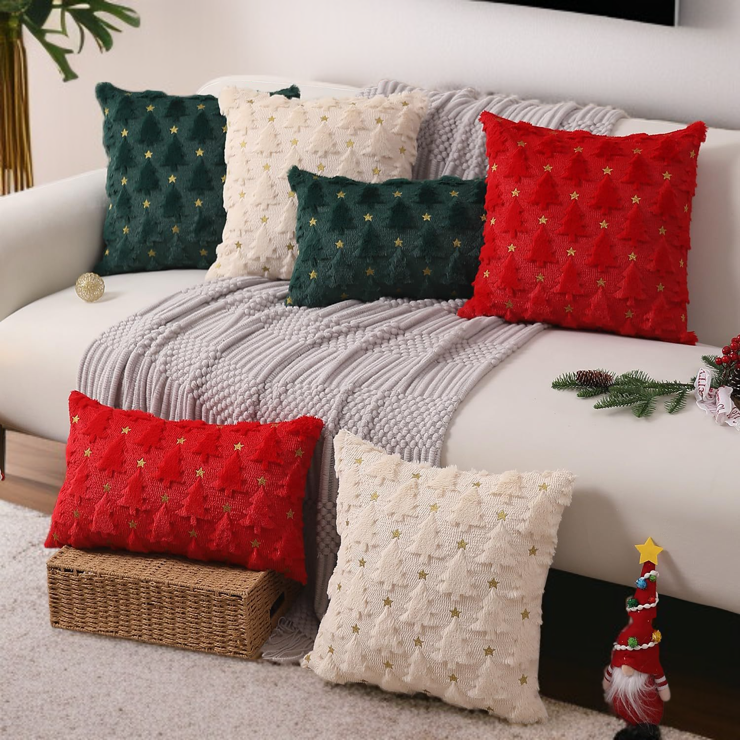 크리스마스 베개 커버 3D 플러시 자수 크리스마스 트리 베개 커버