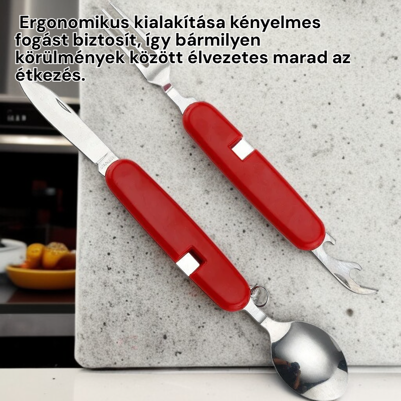 Hordozható rozsdamentes acél kültéri összecsukható villa-kanál 2 az 1-ben evőeszköz