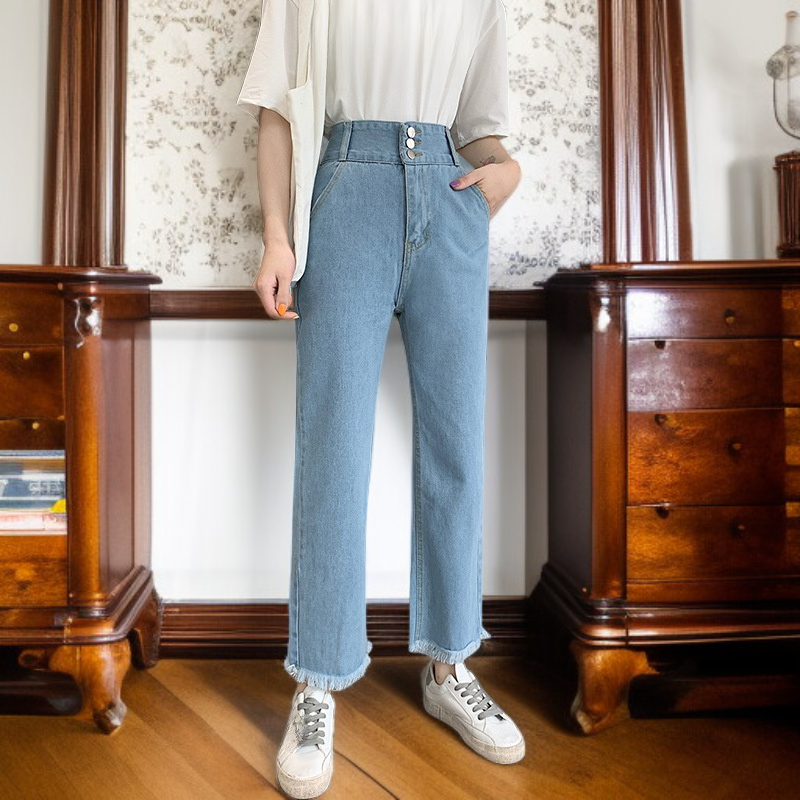 여성용 하이웨스트 와이드핏 데님 팬츠