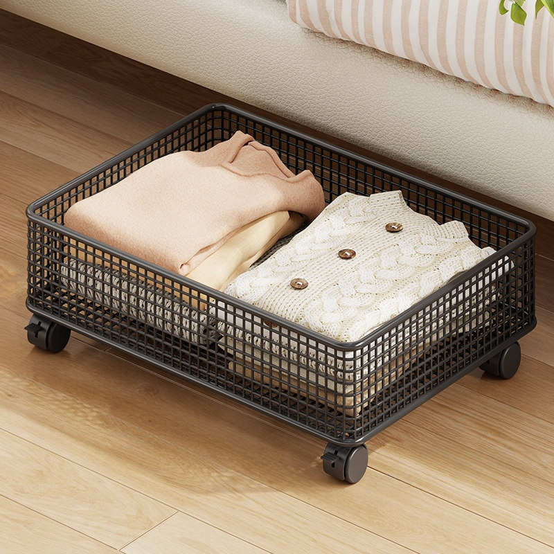 Household iron under-bed storage box with wheels, movable pull-out clothing and quilt organizing and