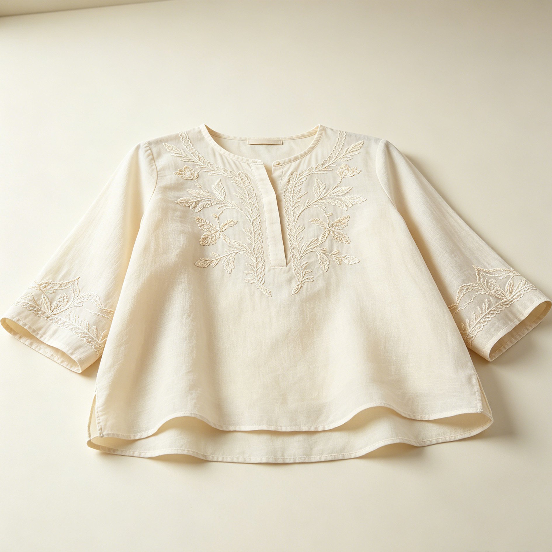 淡い杏色の蝶の刺繍入りテンセルブラウス
