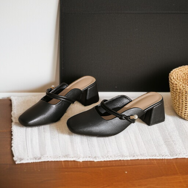 夏用レディーススリッパ。フレンチスタイルの厚底ヒール、つま先閉じサンダル。レザーハーフスリップサンダル。レトロなファッション、スカート付きサンダル。アプリコットハイヒールサンダル。