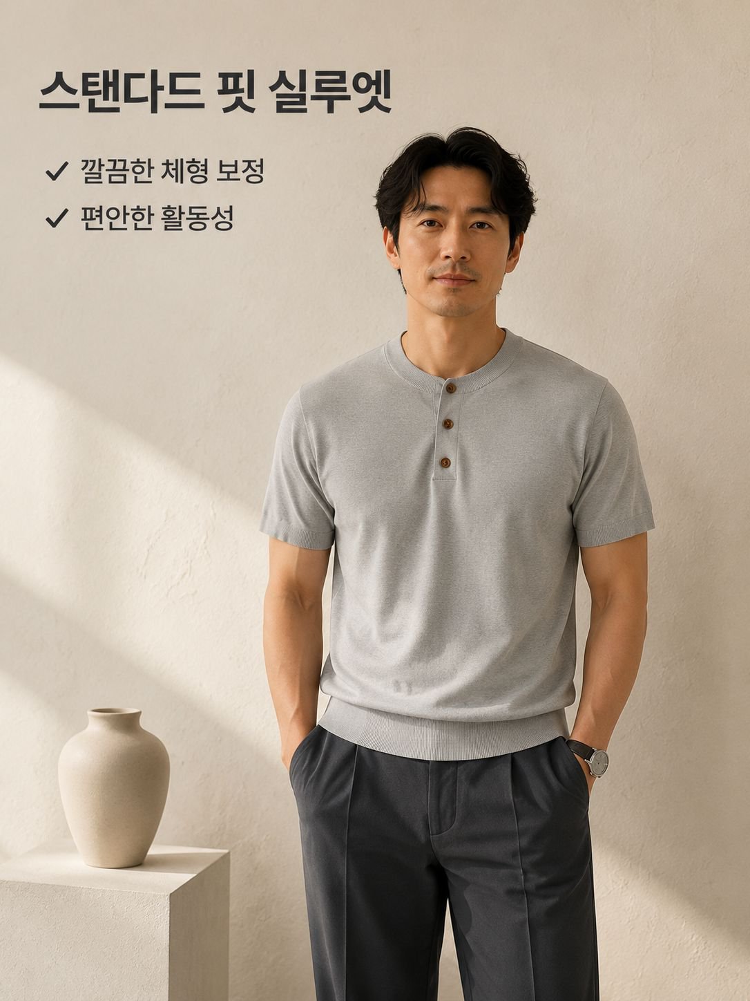 남성용 헨리넥 캐주얼 반팔 티셔츠