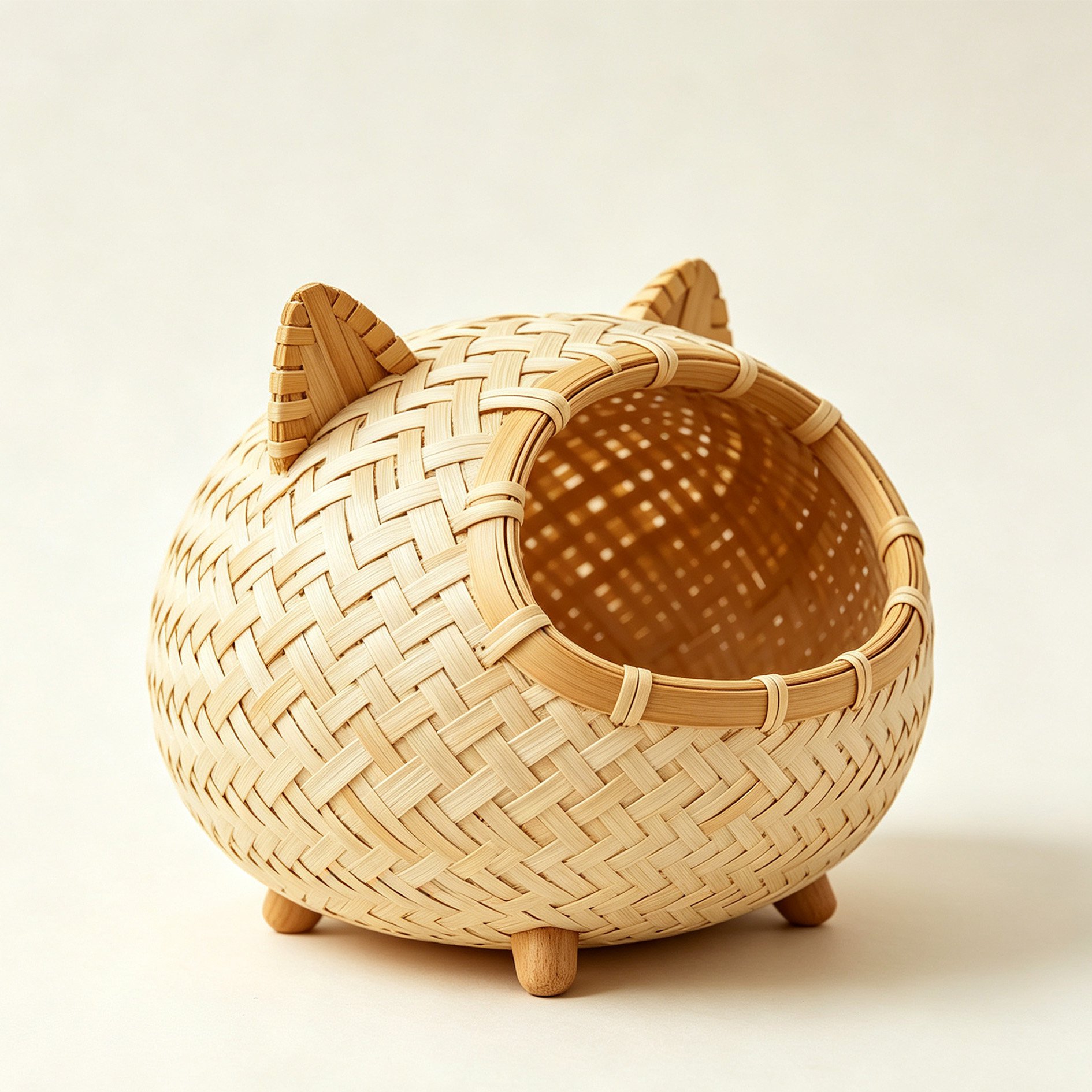 猫耳型竹製編み込み収納バスケット