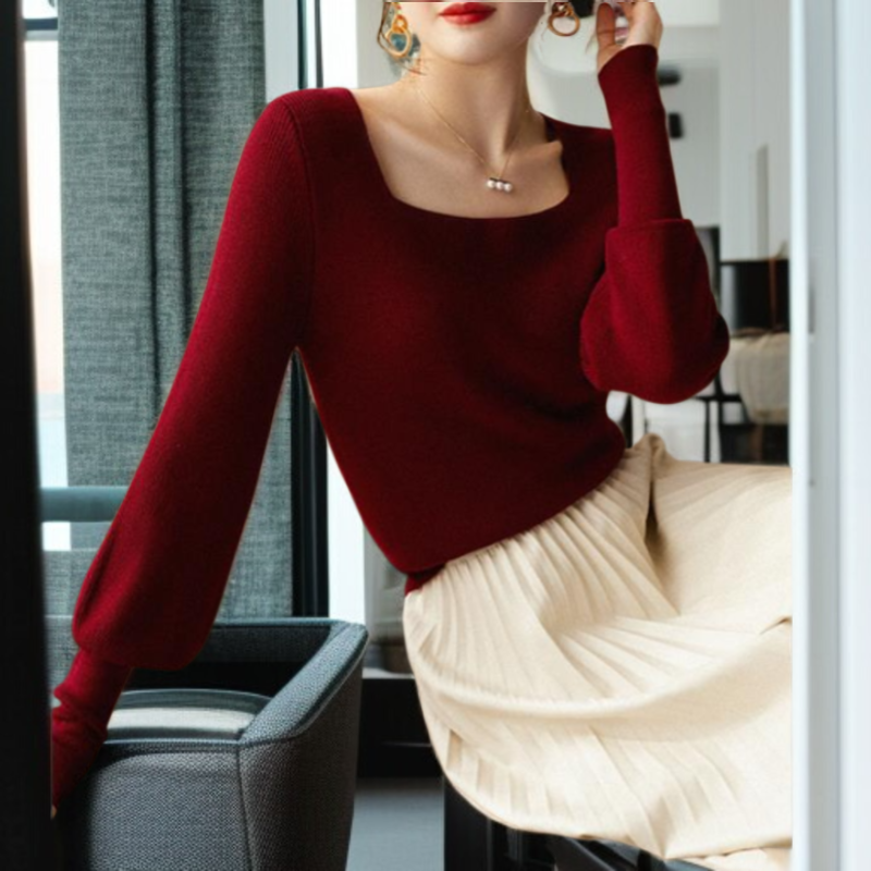 ジャンパー女性気質ニットボトムシャツスクエアネックランタンスリーブニットウェアエレガントなインナートップス