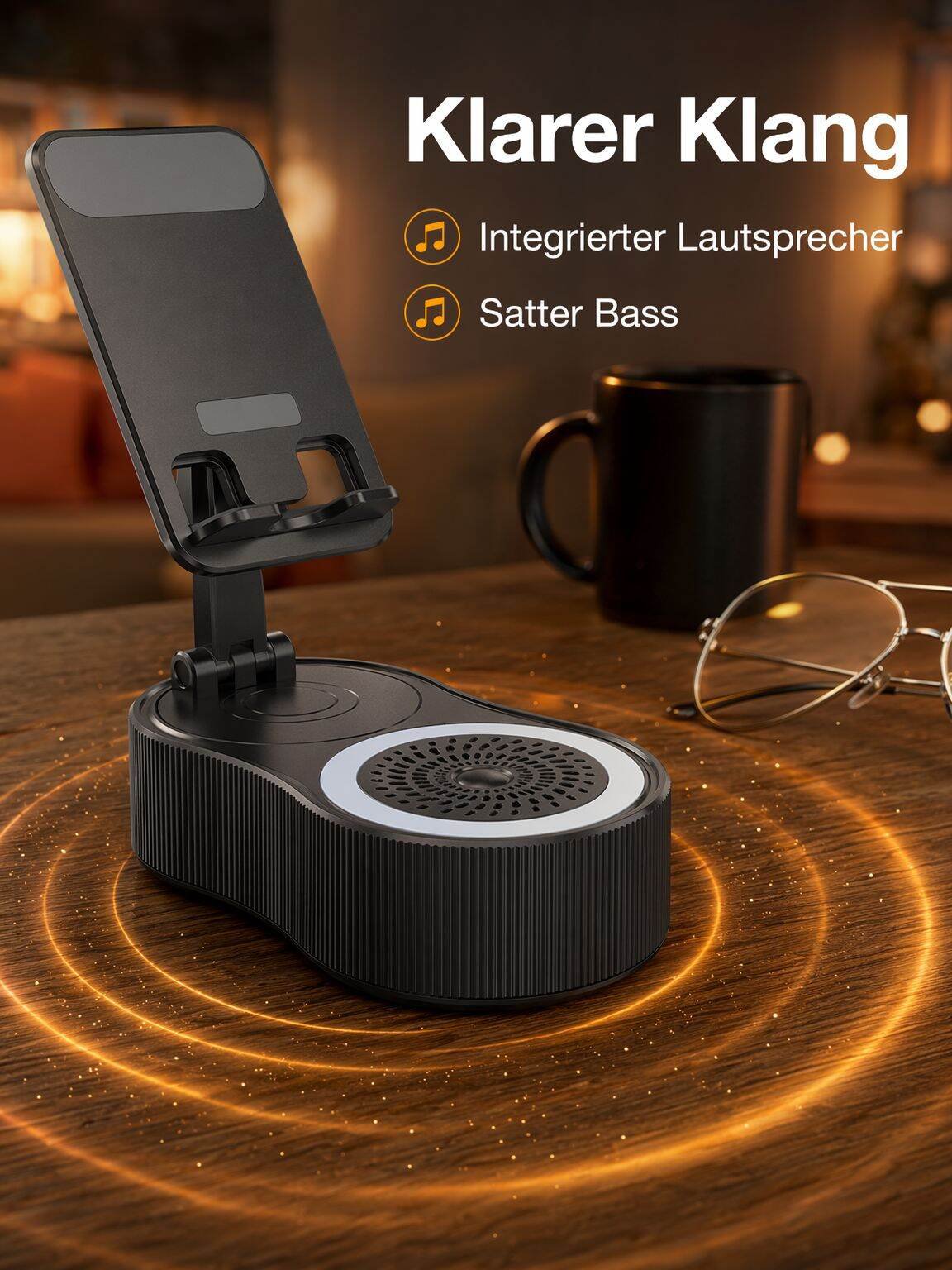Drehbarer Handyhalter mit integrierter Lautsprecher und Höhenverstellung