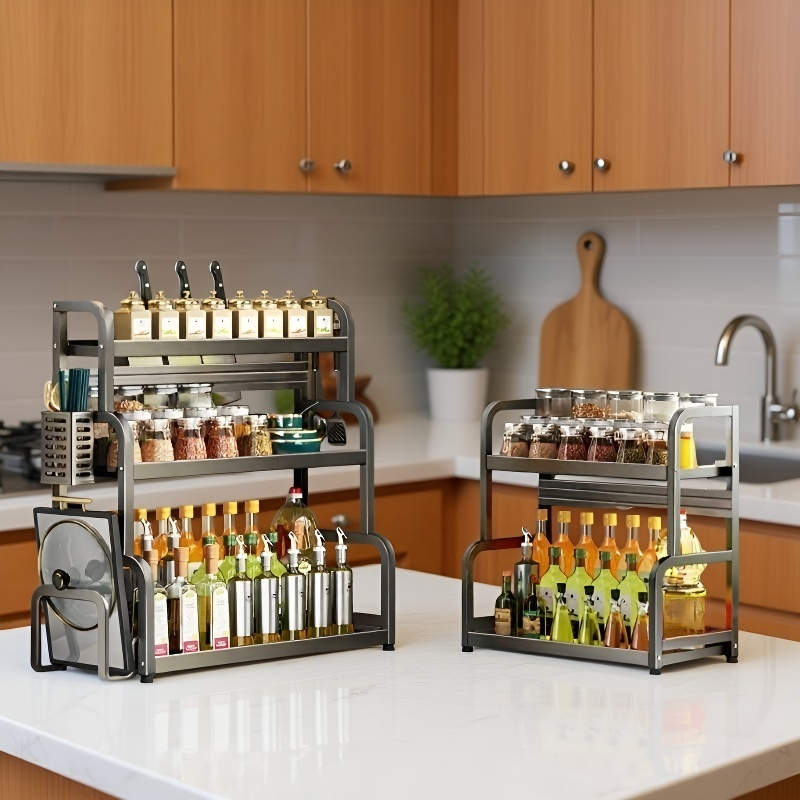 Vista lateral del estante de almacenamiento resistente para cocina