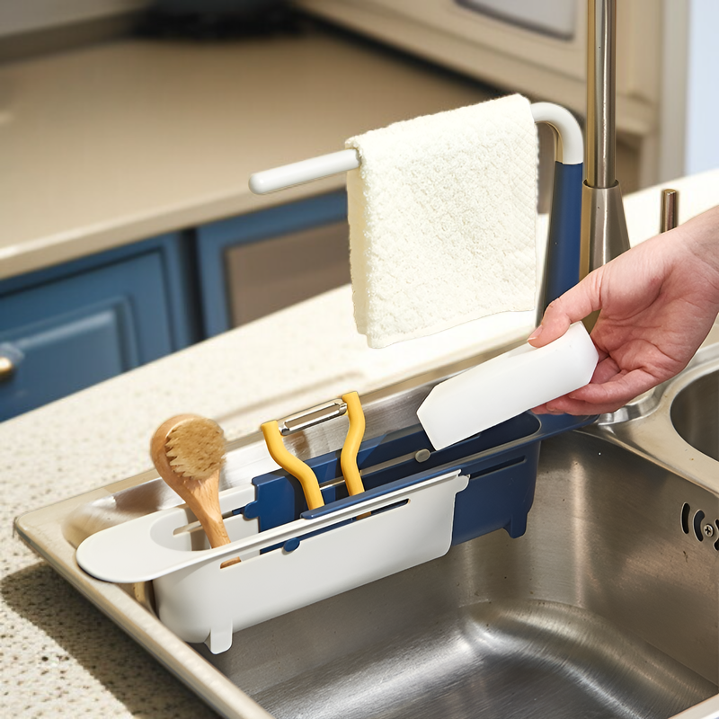 ที่วางจานในอ่างล้างจาน แบบยืดหดได้ ตะกร้ากรองผักและผลไม้ สำหรับห้องครัว