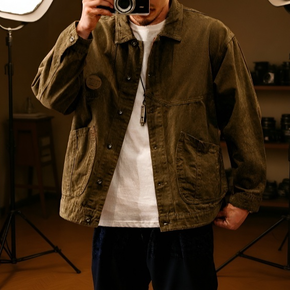 남자 헤비 박시 데님 상의 코트 카고 점퍼 박시 사파리 점퍼