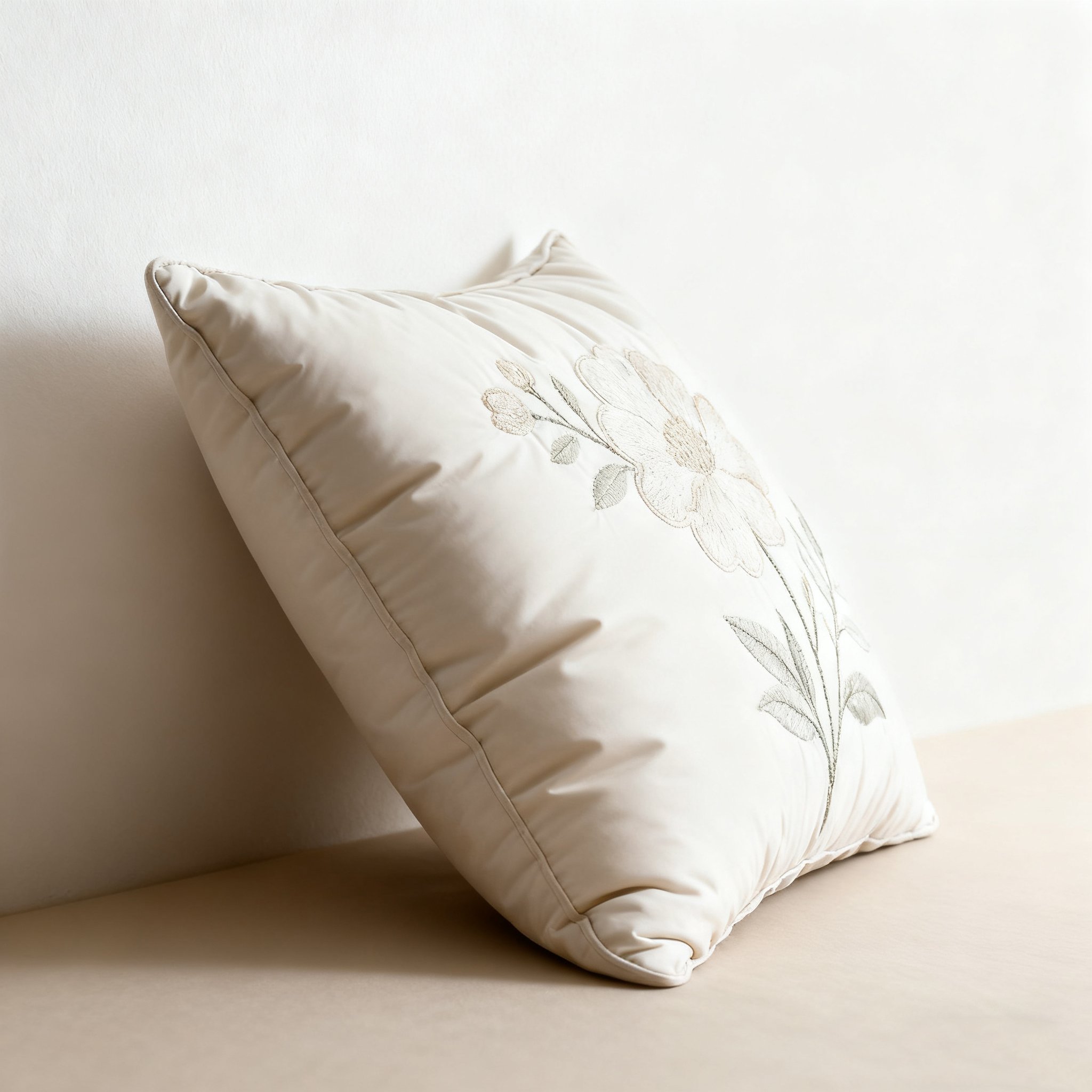 침대 위에 놓인 자수 꽃무늬 베개